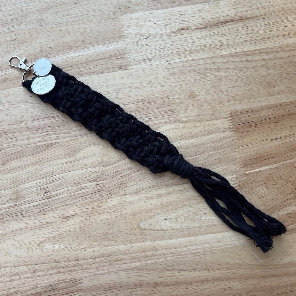 Handmade Boho Macrame Keychain, Black Macrame, Stamped Charm, Radiate Your Light